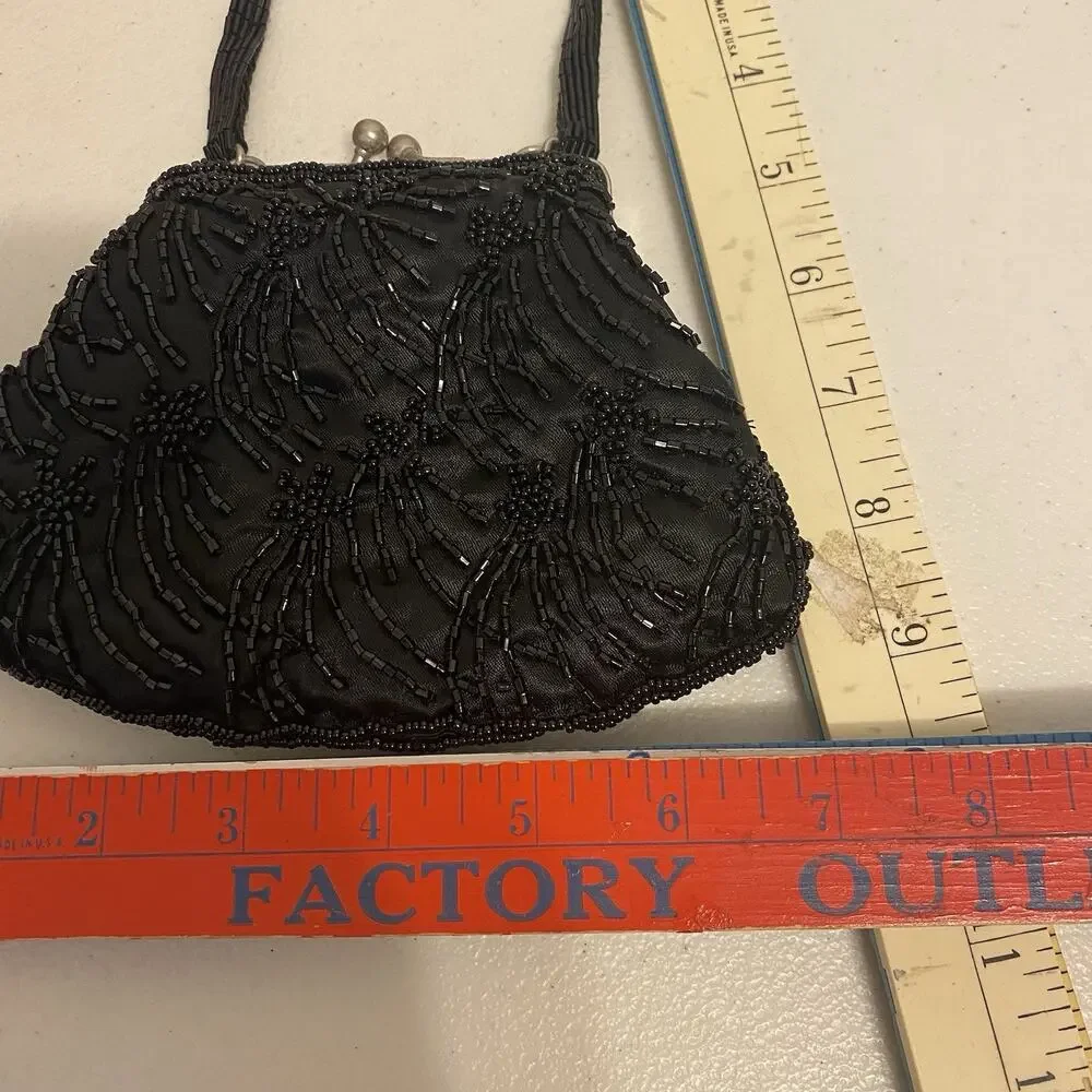 Vtg Hand Sequins Beaded Silky Black Evening Mini Bag Whimsigoth Party Cocktail